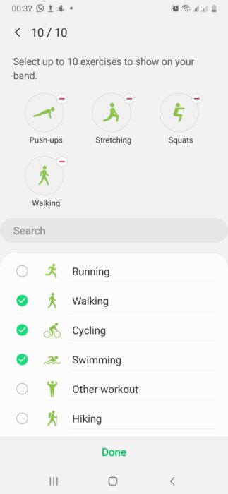 Galaxy Fit önceden ayarlanmış egzersiz modları